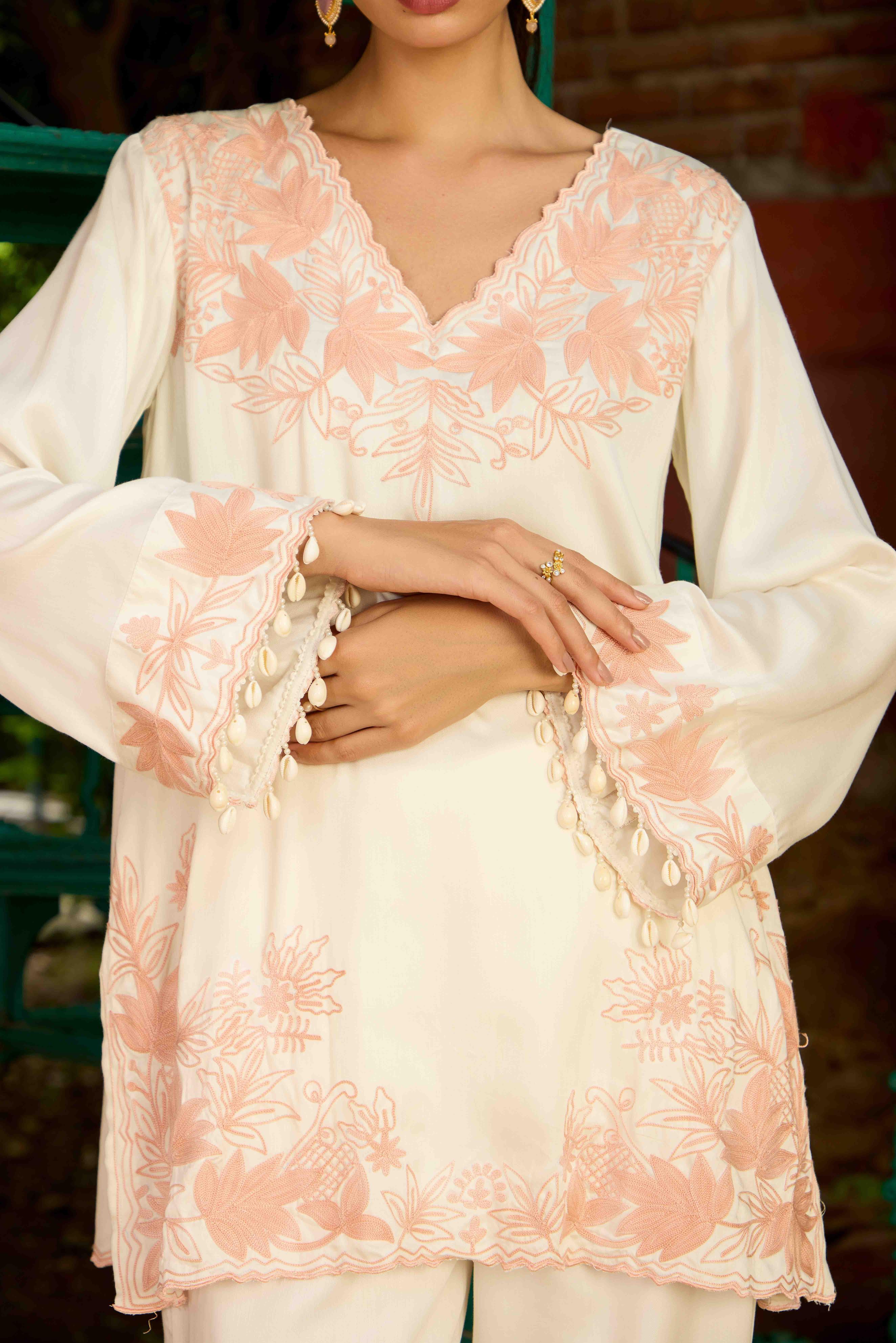 Cream & Peach Co-ord Set with Salwar Pants