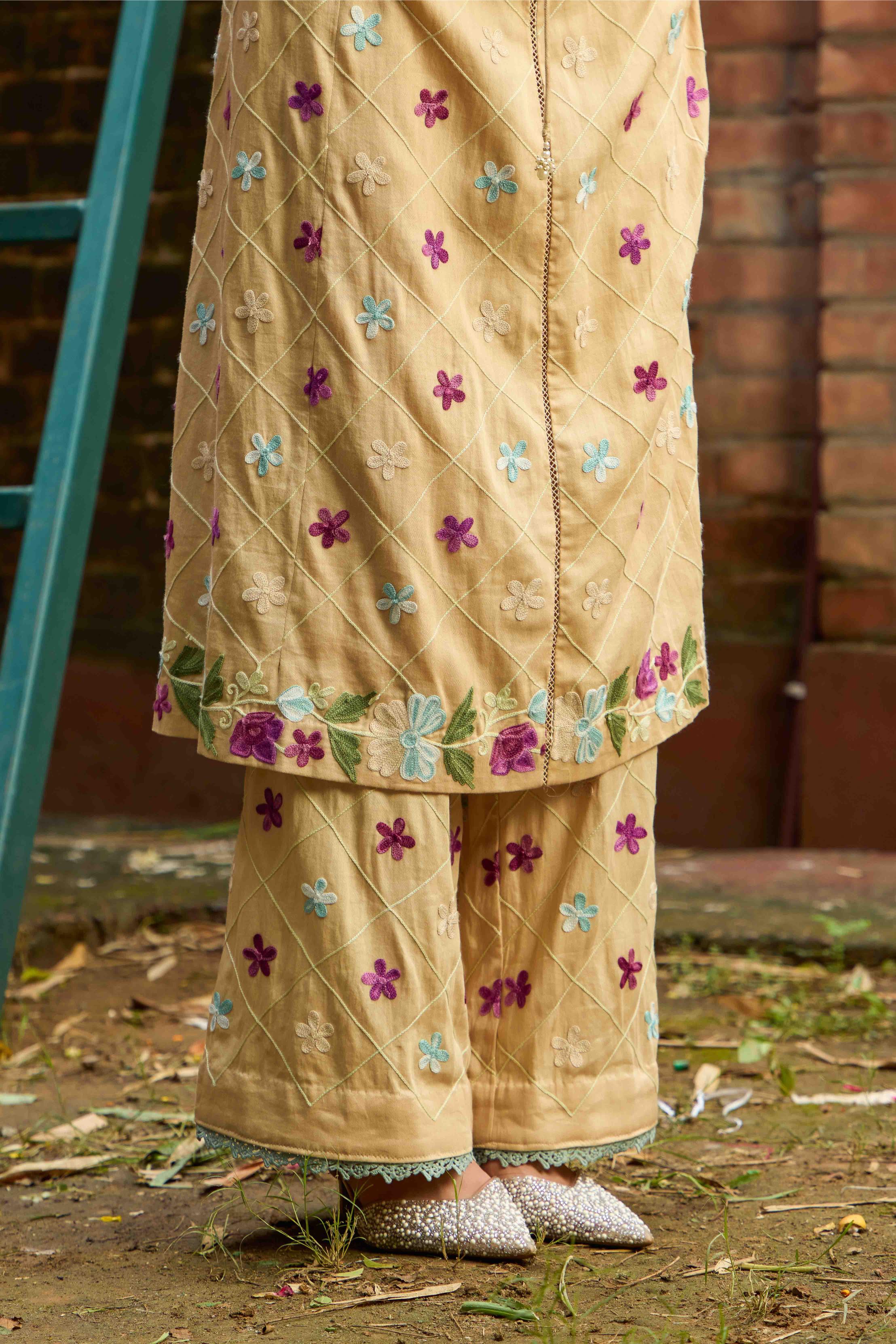 Beige Seher Cotton Kalidar Kurta Set with Embroidered Straight Pants