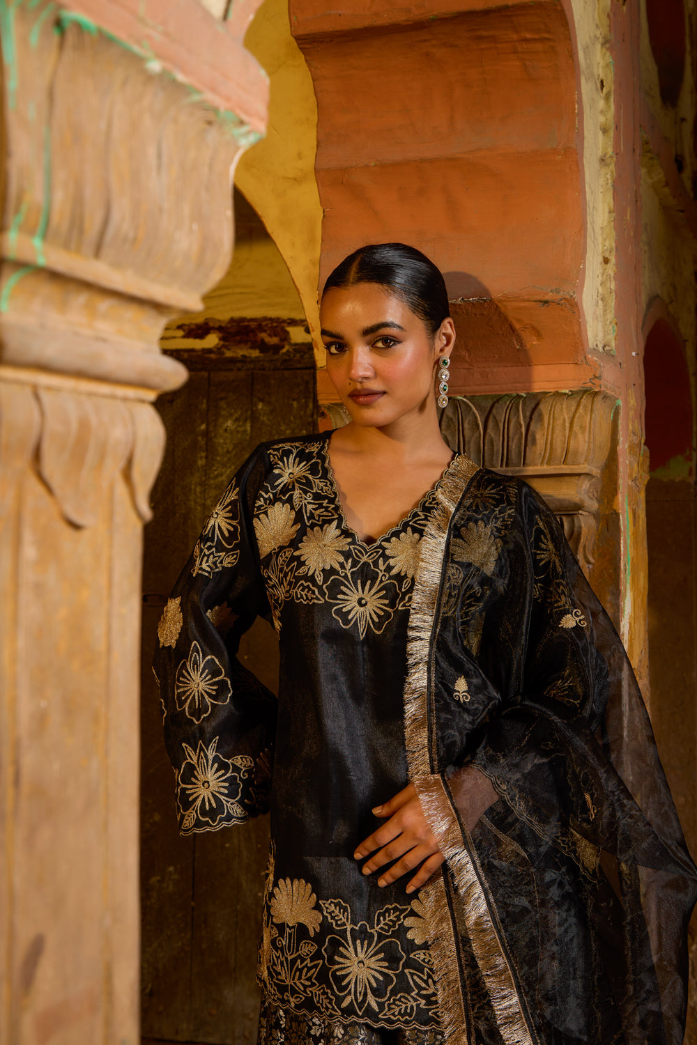 Begum Black Silk Kurta With Brocade Kalidaar Lehenga