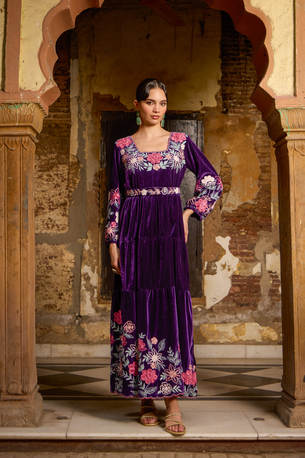 Zeenat Purple Silk Velvet Aari Embroidered Maxi Dress With Belt