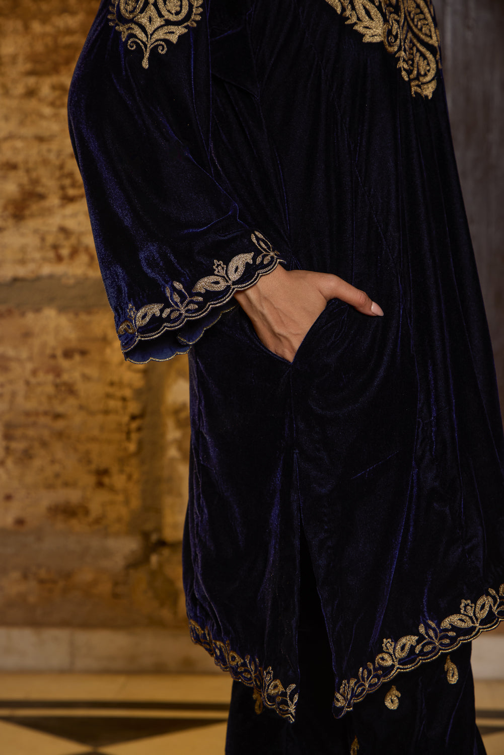 Noor Royal Blue Silk Velvet Pheran Set With Embroidered Flared