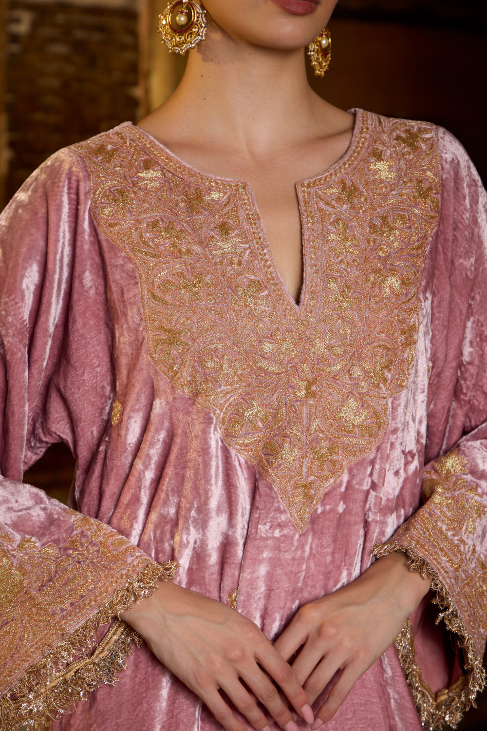 Firoza Pink Silk Velvet Pheran Set