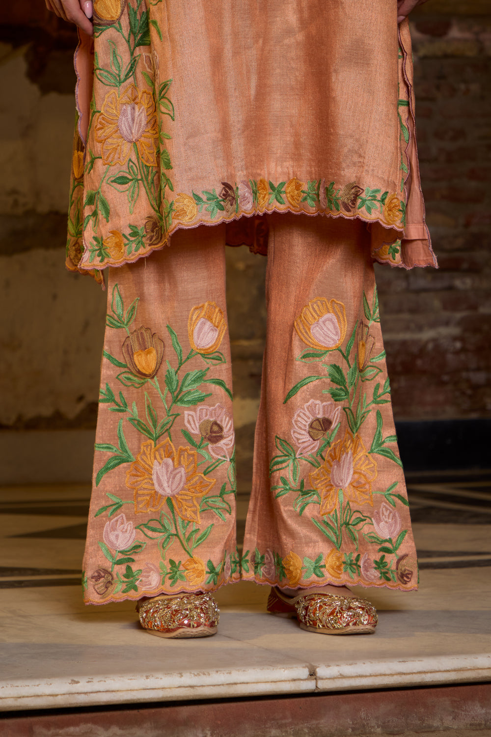 Suraiya Copper Rose Gold Tissue Kalidaar Kurta Set