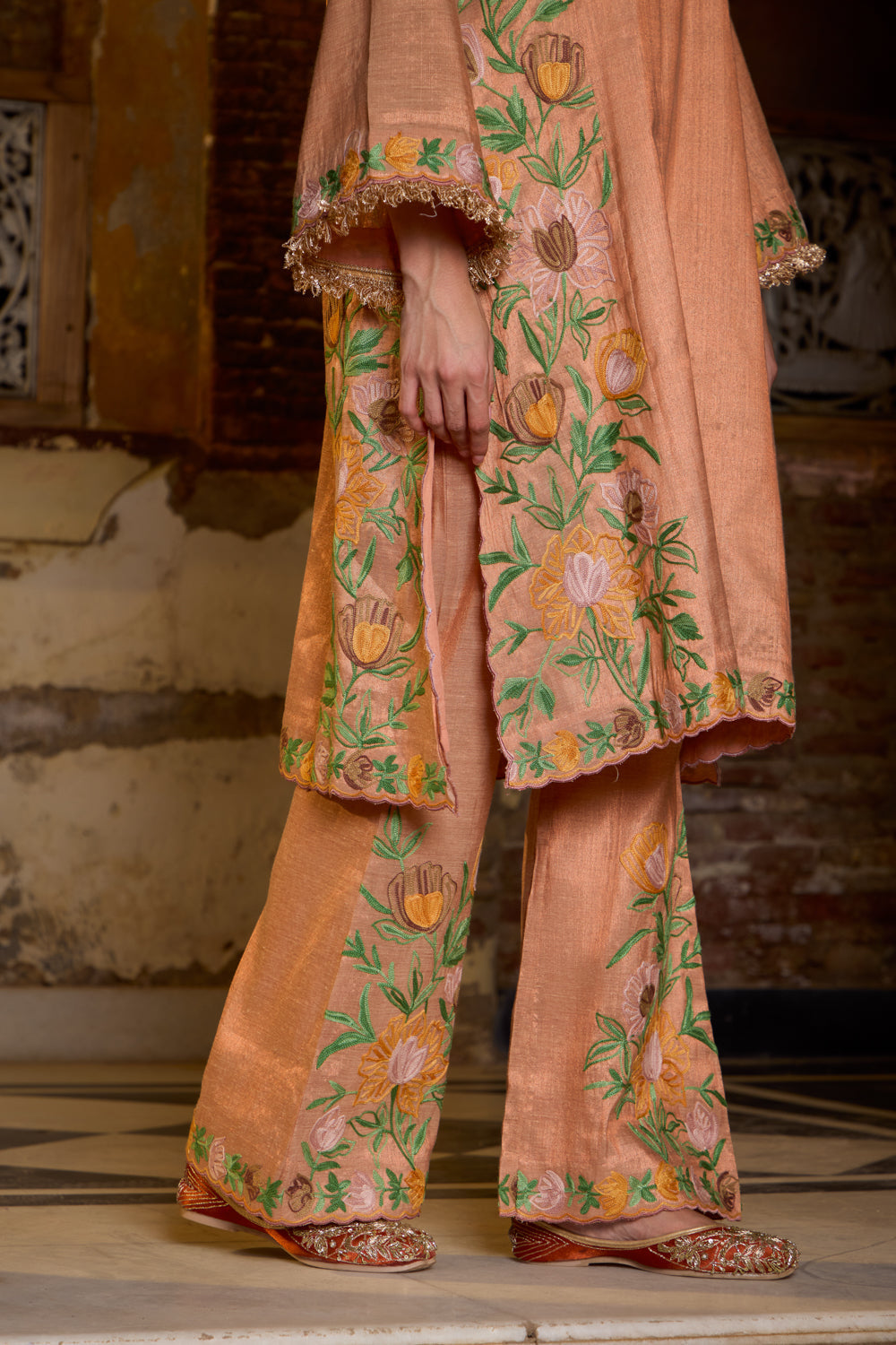 Suraiya Copper Rose Gold Tissue Kalidaar Kurta Set