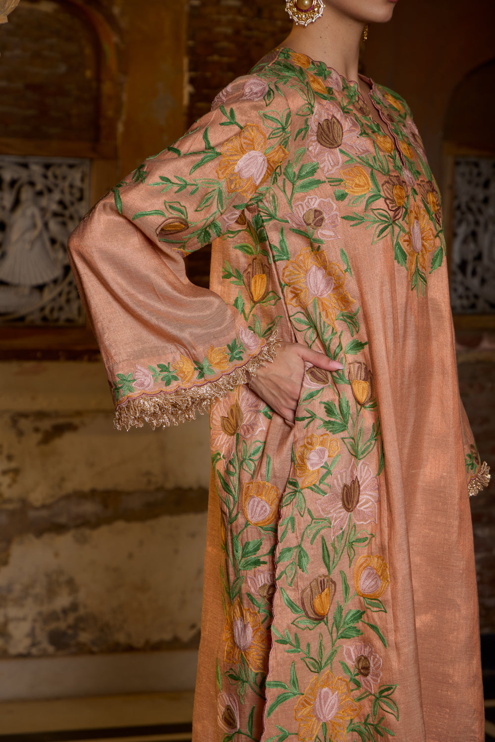 Suraiya Copper Rose Gold Tissue Kalidaar Kurta Set