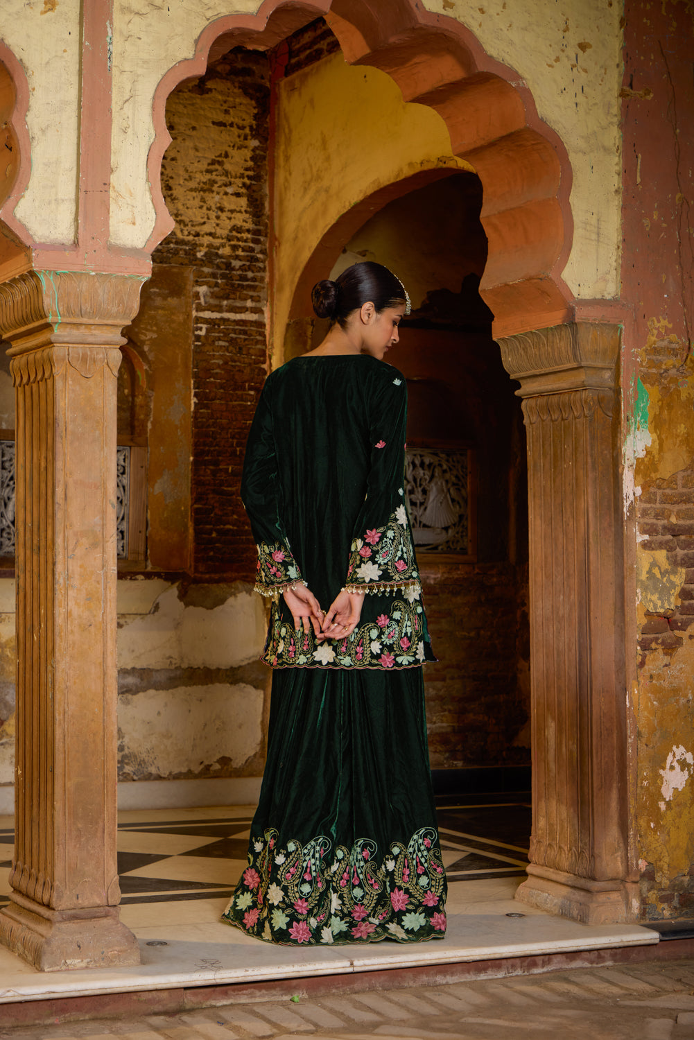 Rekha Emerald Green Silk Velvet Aari Kurta With Lehenga Skirt