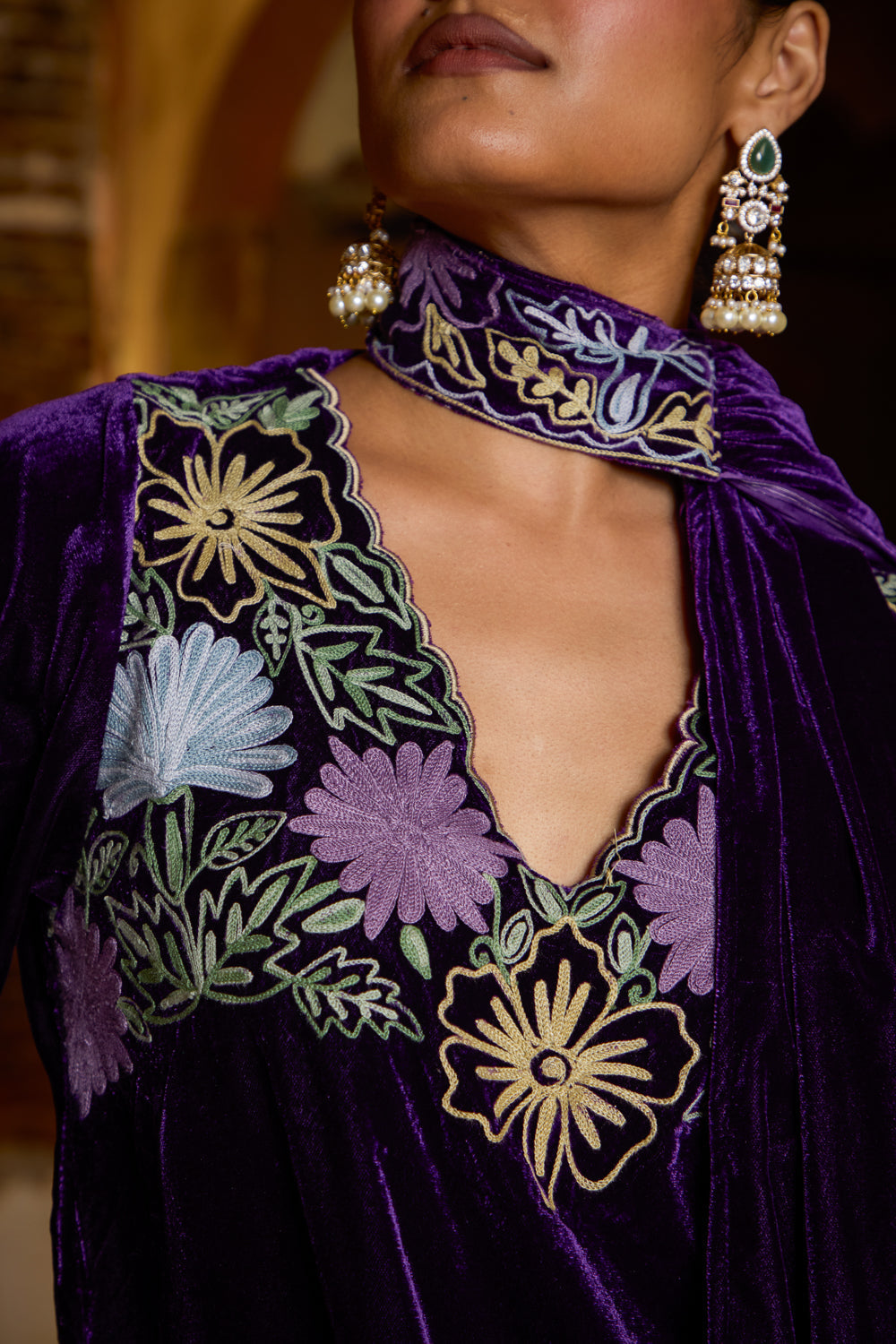 Saira Purple Silk Velvet Kurta Set With Embroidered Flared Pants