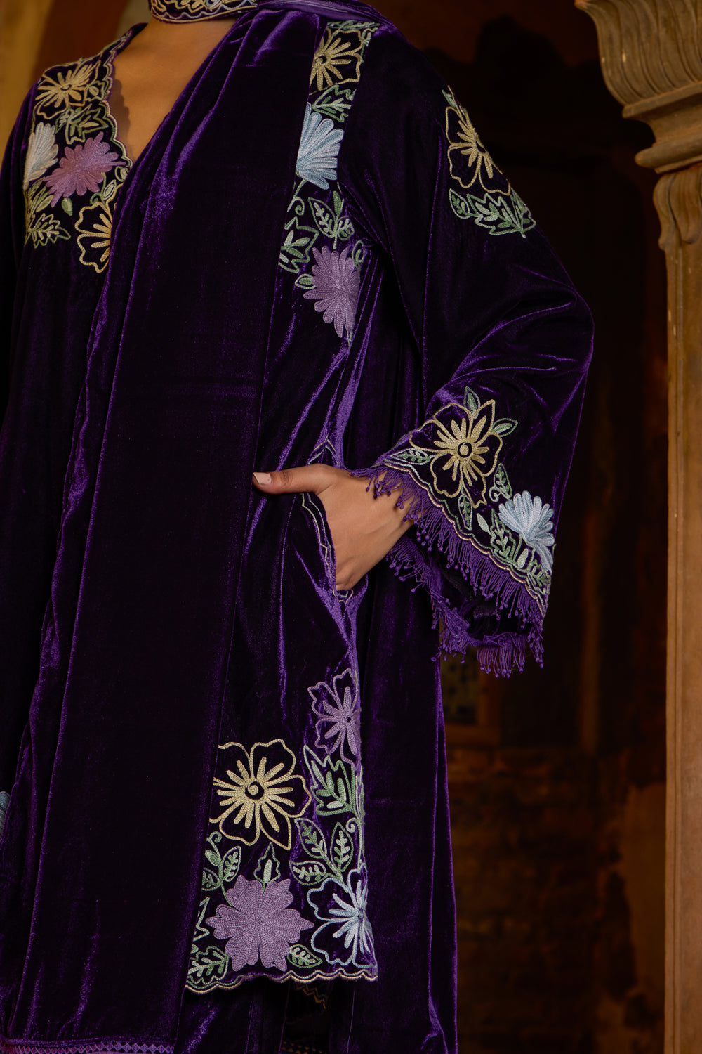 Saira Purple Silk Velvet Kurta Set With Embroidered Flared Pants