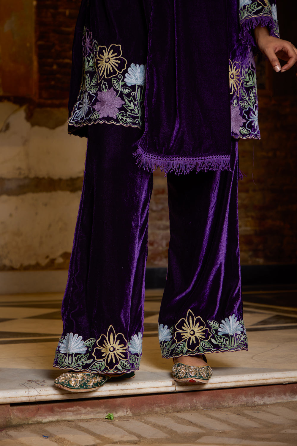 Saira Purple Silk Velvet Kurta Set With Embroidered Flared Pants