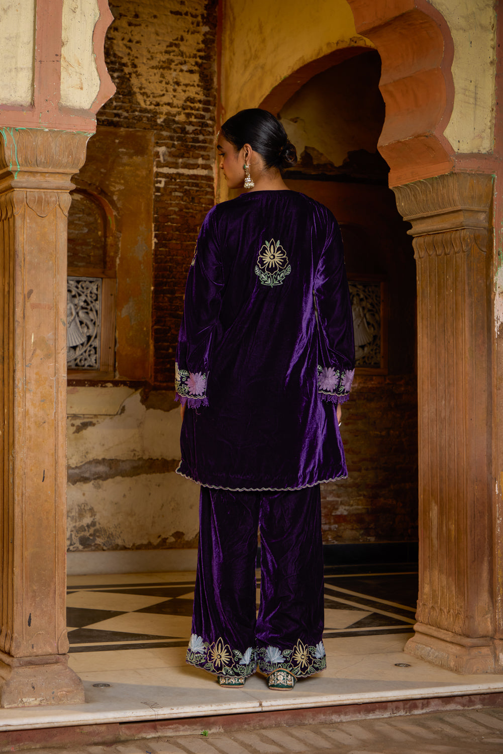 Saira Purple Silk Velvet Kurta Set With Embroidered Flared Pants