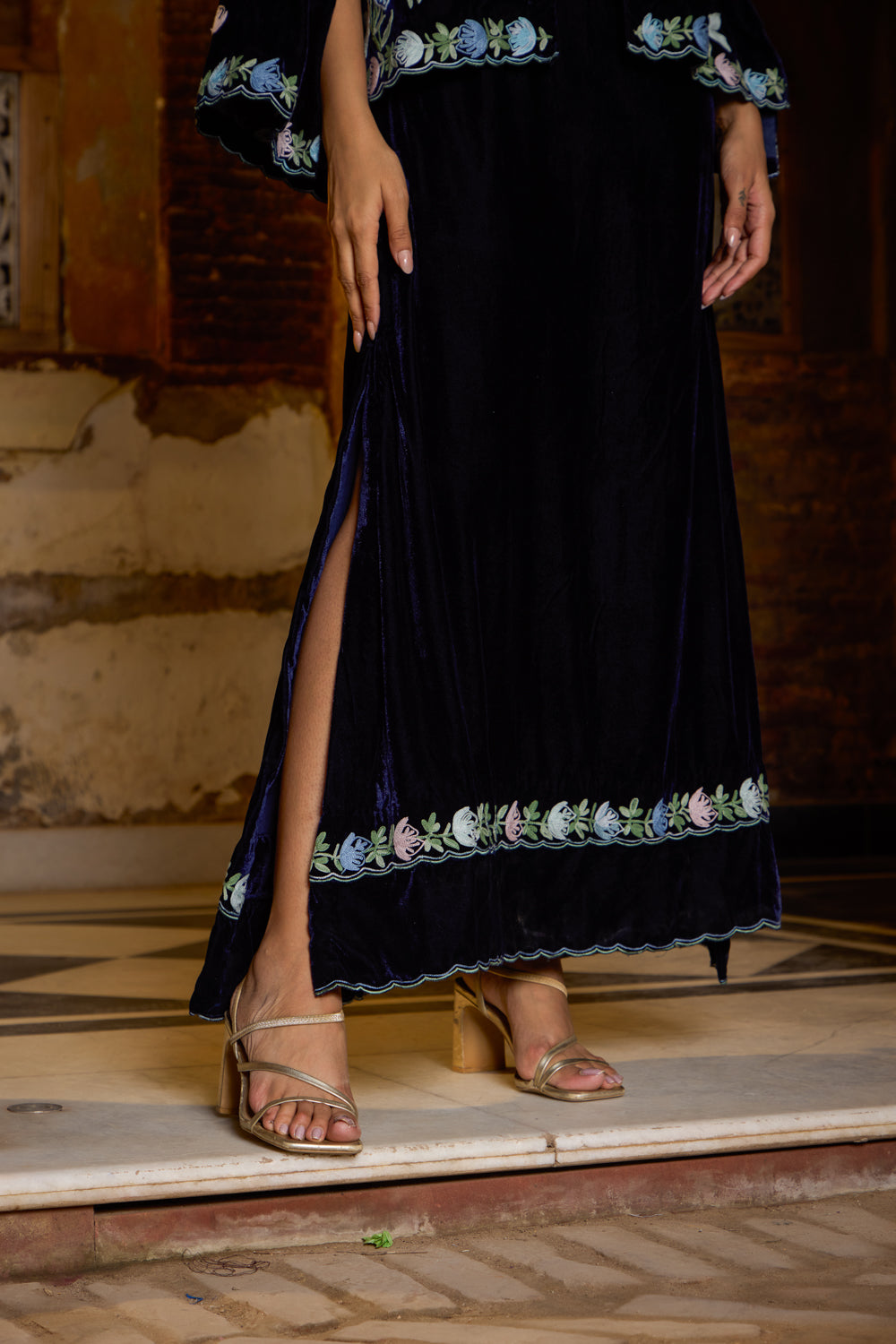 Helen Royal Blue Silk Velvet Maxi Dress With Embroidered Cape