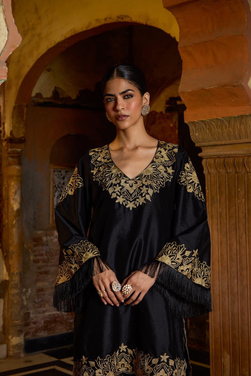 Rehana Black & Gold Silk Kurta Set With Straight Brocade Pants