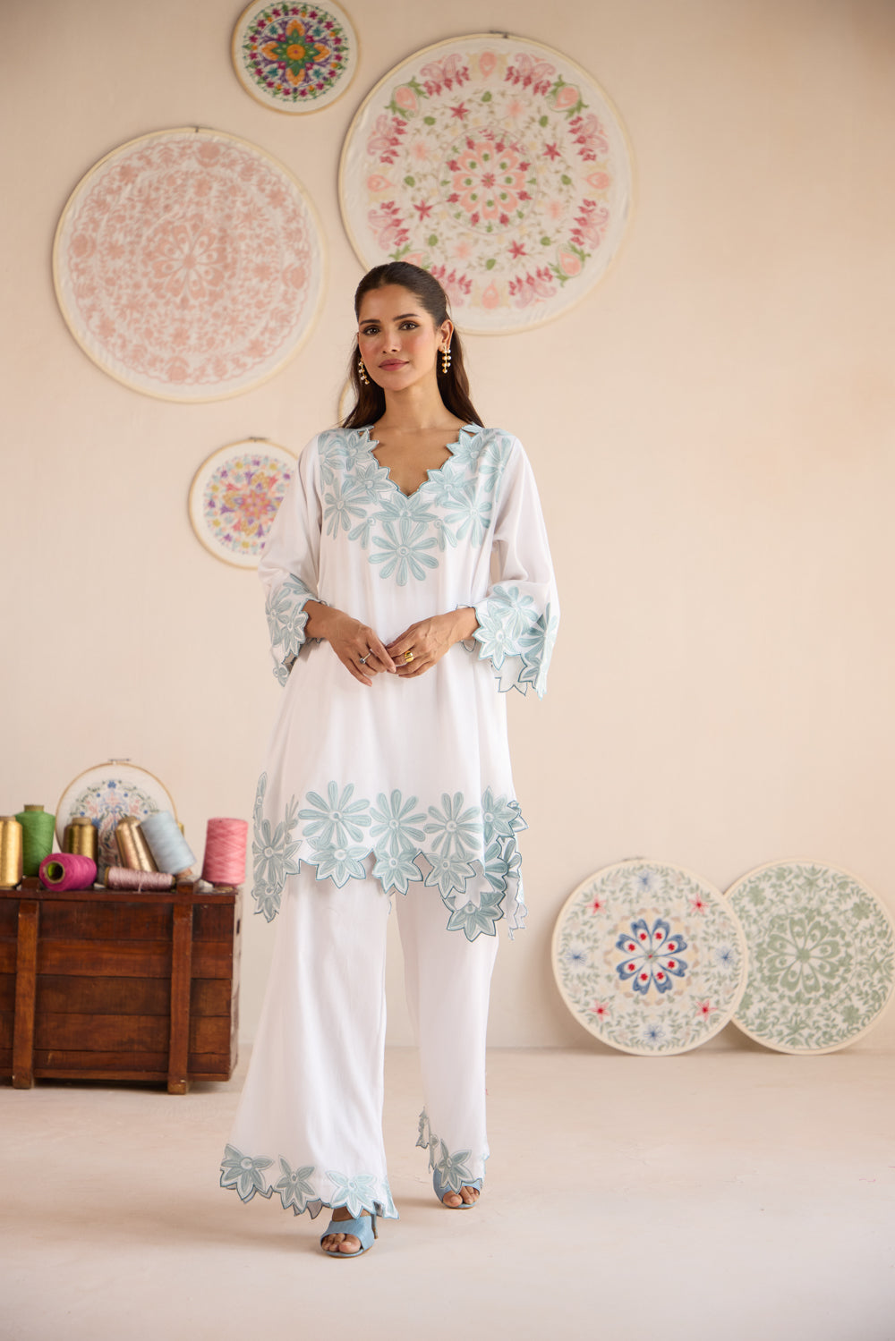 Noori White Blue Cotton Aari Coord Set with Flared Pants and Organza Embroidered Stole