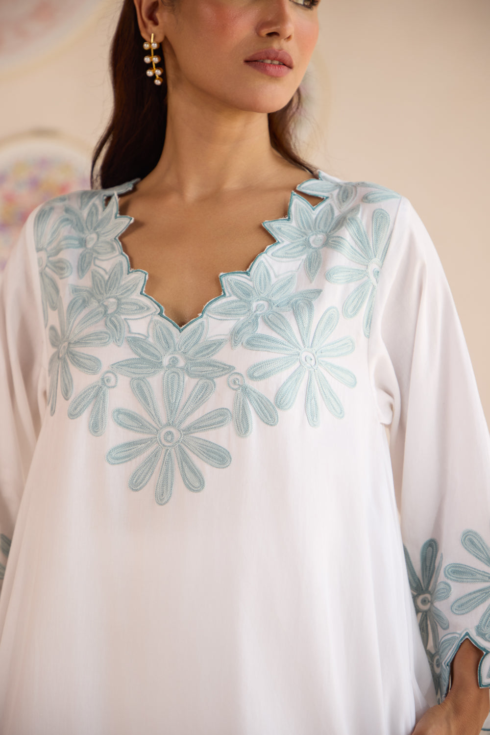 Noori White Blue Cotton Aari Coord Set with Flared Pants and Organza Embroidered Stole