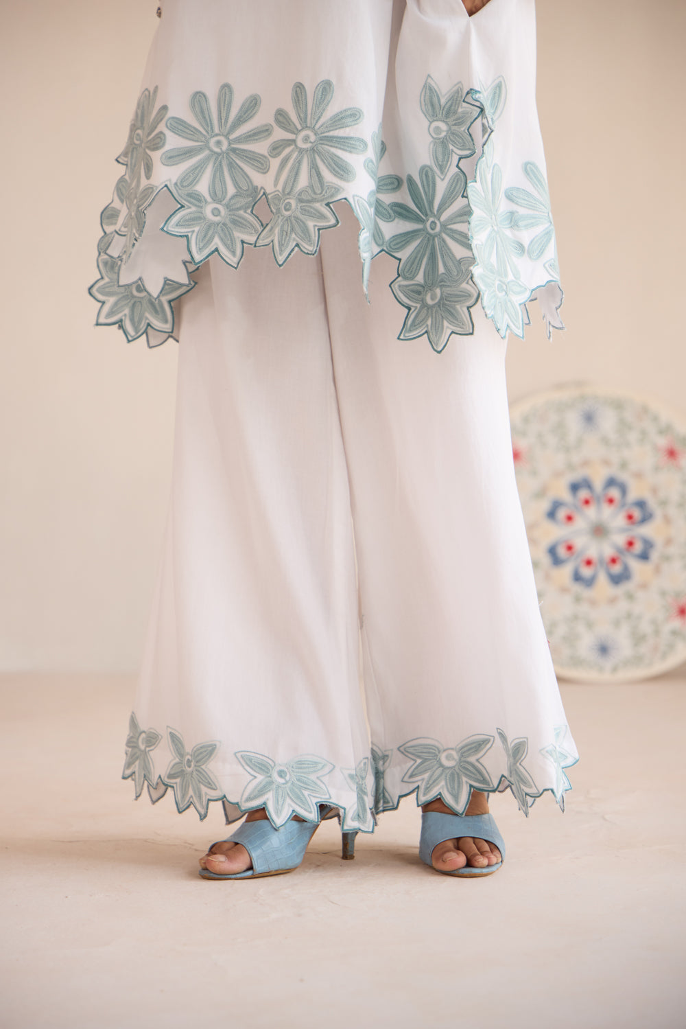 Noori White Blue Cotton Aari Coord Set with Flared Pants and Organza Embroidered Stole