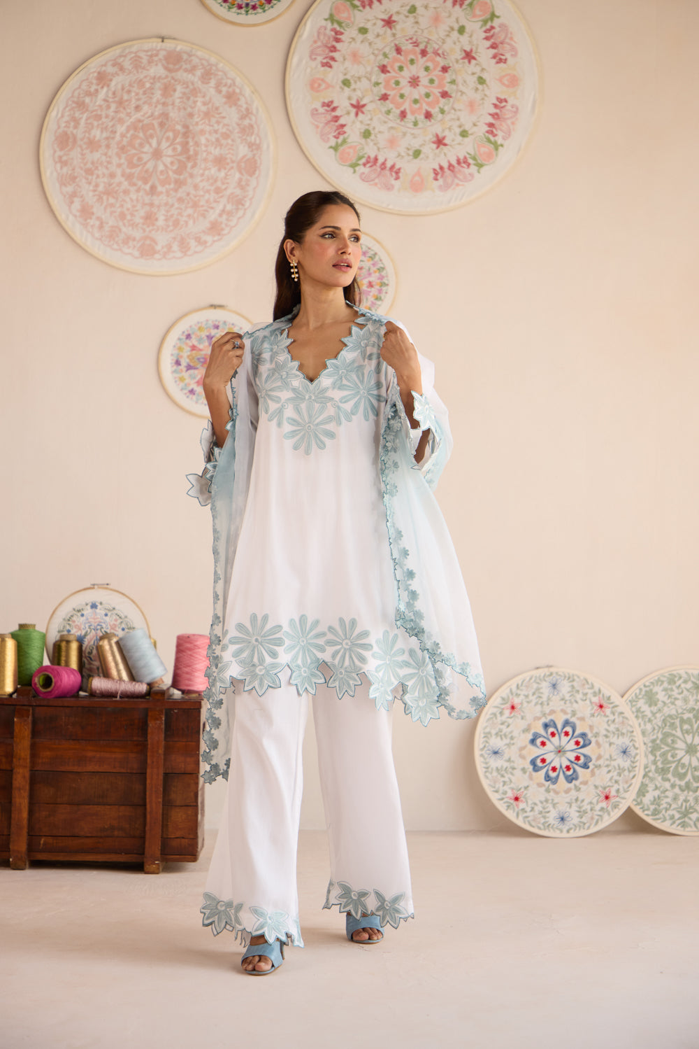 Noori White Blue Cotton Aari Coord Set with Flared Pants and Organza Embroidered Stole