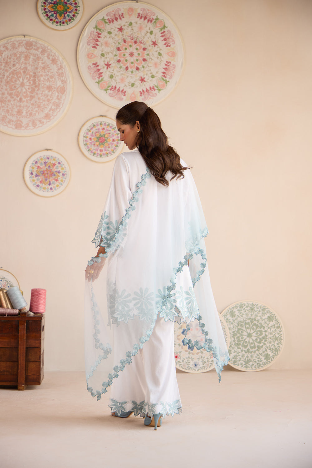 Noori White Blue Cotton Aari Coord Set with Flared Pants and Organza Embroidered Stole
