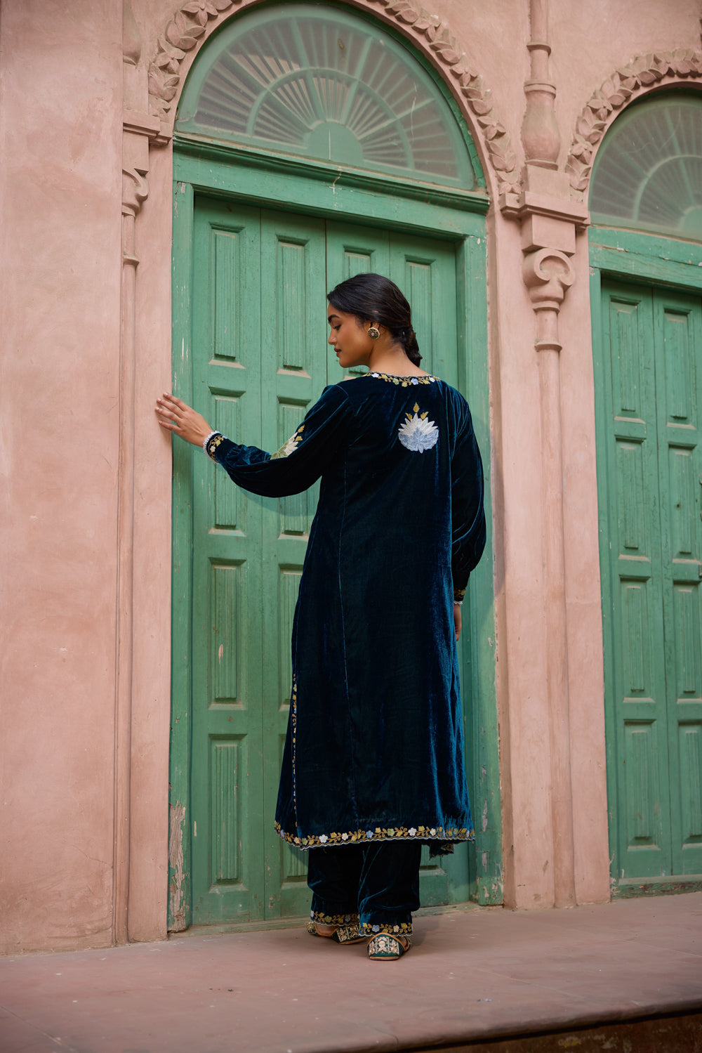 Jahanara Peacock Blue Kalidaar Silk Velvet Kurta Set