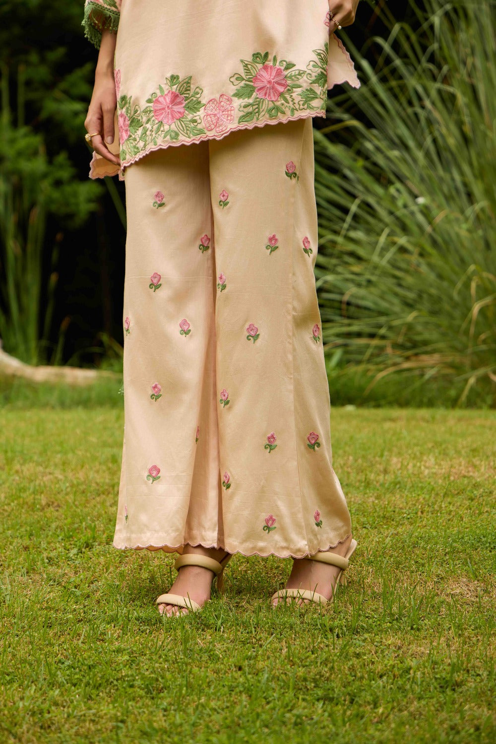 Peach & Pink Cotton Kurta Set with Embroidered Flared Pants