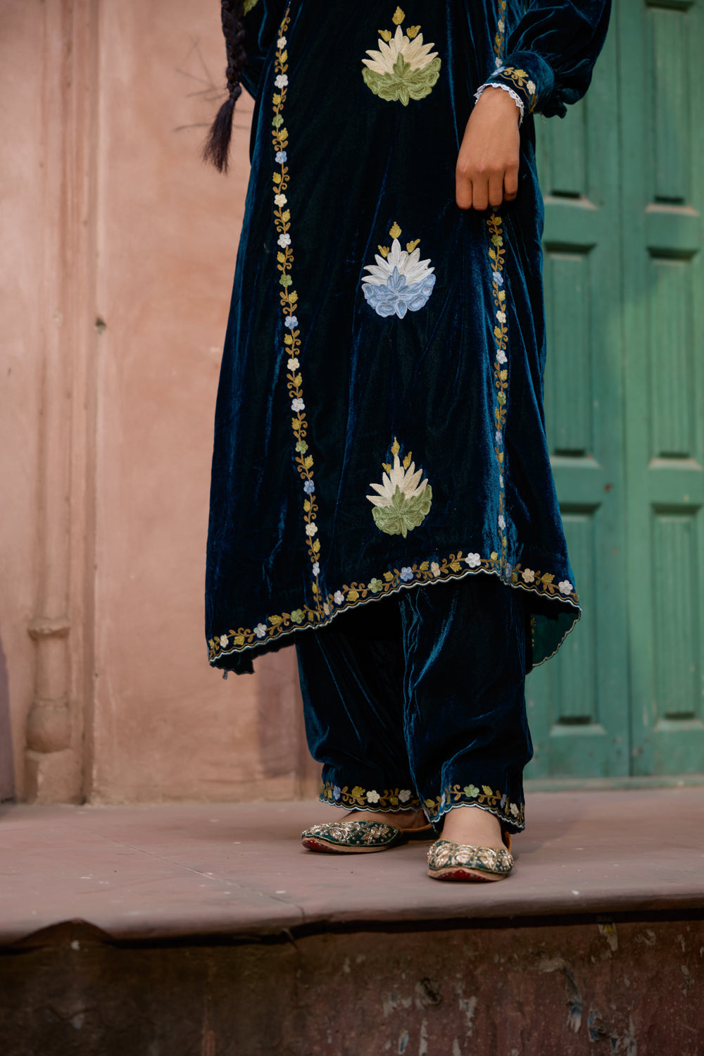 Jahanara Peacock Blue Kalidaar Silk Velvet Kurta Set