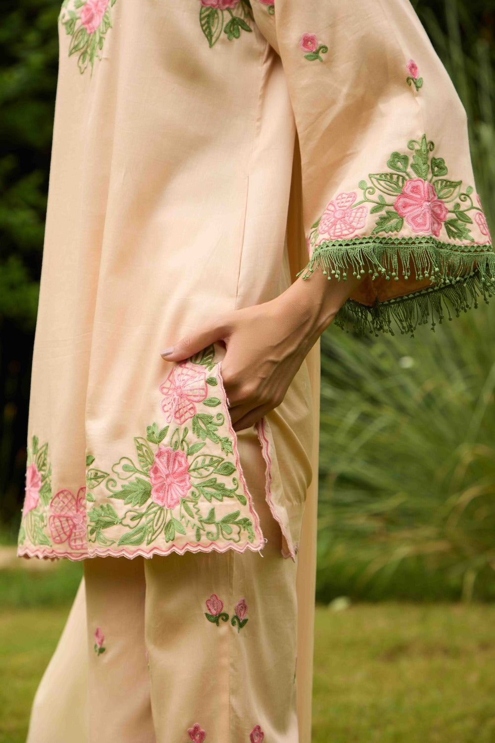 Peach & Pink Cotton Kurta Set with Embroidered Flared Pants