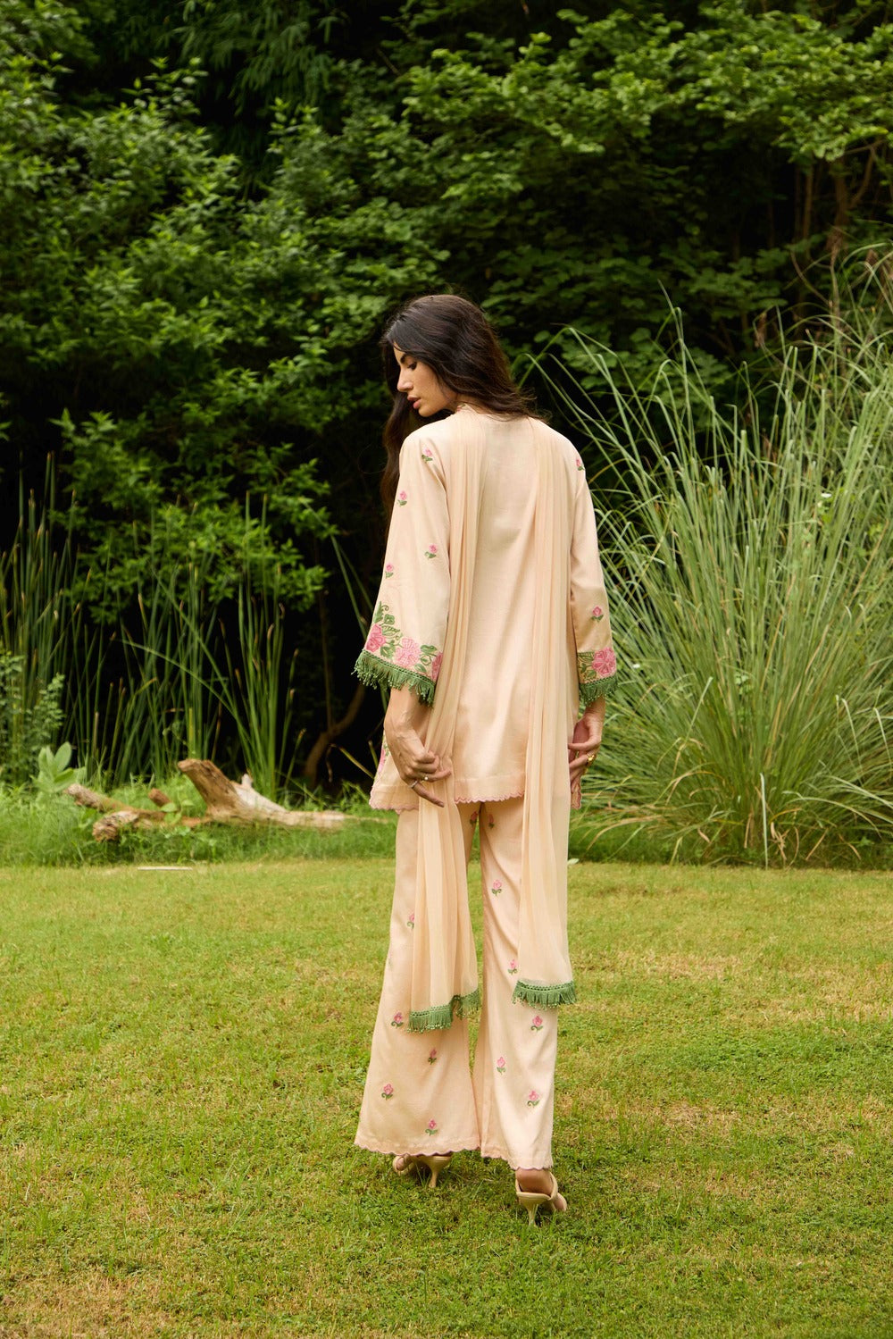 Peach & Pink Cotton Kurta Set with Embroidered Flared Pants