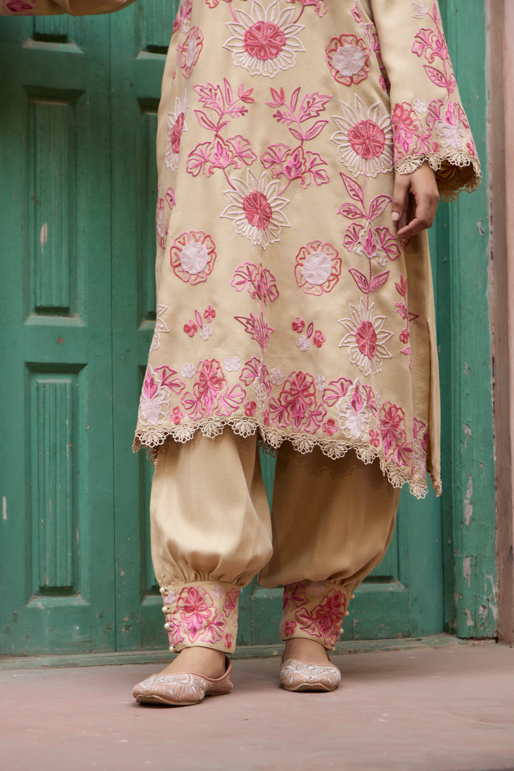 Jama Beige Pashmina Wool Pheran Set With Harem Pants