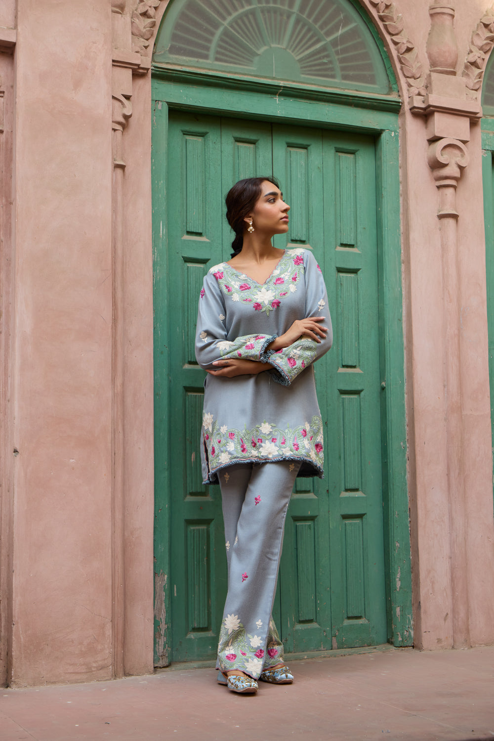 Cloud Blue Pashmina Wool Kurta Set With Booti Embroidered Pants