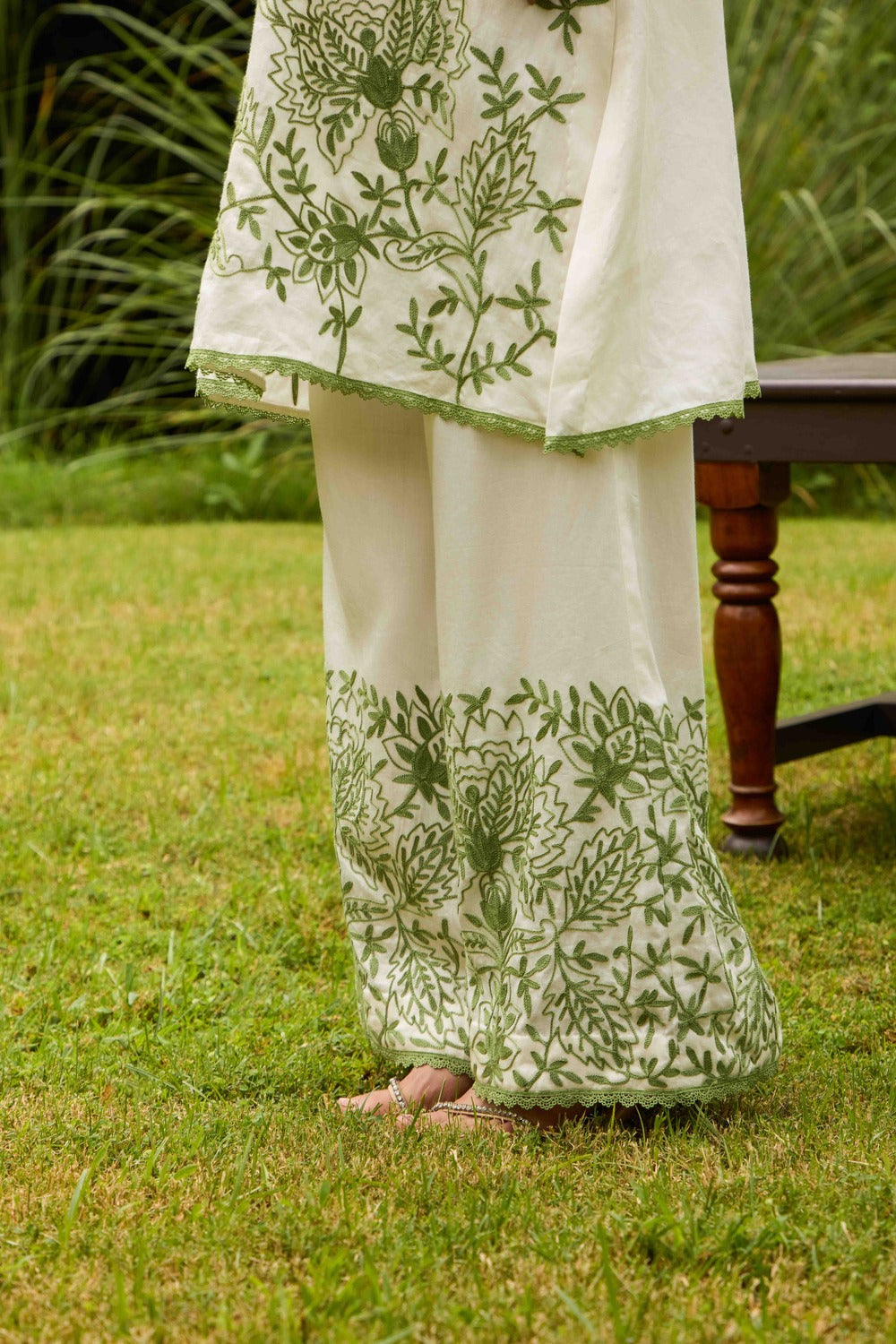 Ivory Olive Noor Cotton Kurta Set with Embroidered Flared Pants