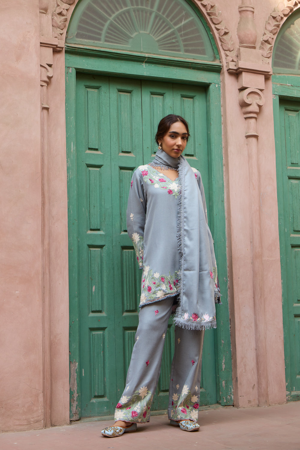 Cloud Blue Pashmina Wool Kurta Set With Booti Embroidered Pants