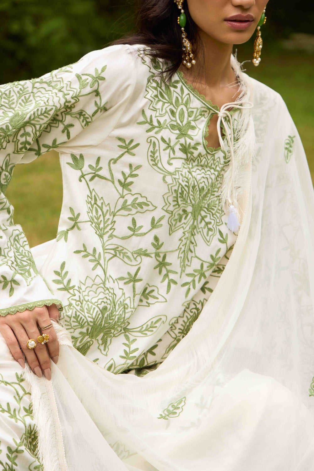 Ivory Olive Noor Cotton Kurta Set with Embroidered Flared Pants