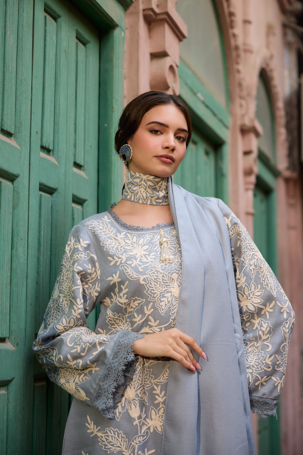 Cloud Blue Pashmina Wool Kurta Set With Harem Pants