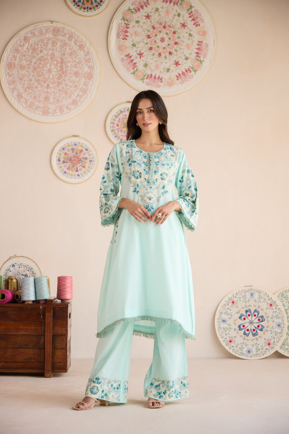 Ziba Sea Blue Cotton Aari Asymmetrical Pheran Set with Flared Pants and Organza Dupatta