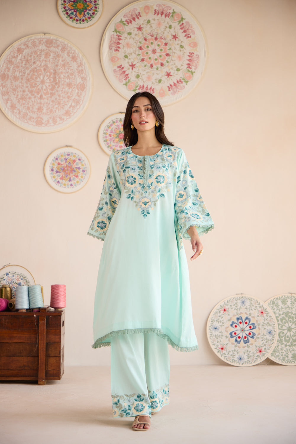 Ziba Sea Blue Cotton Aari Asymmetrical Pheran Set with Flared Pants and Organza Dupatta