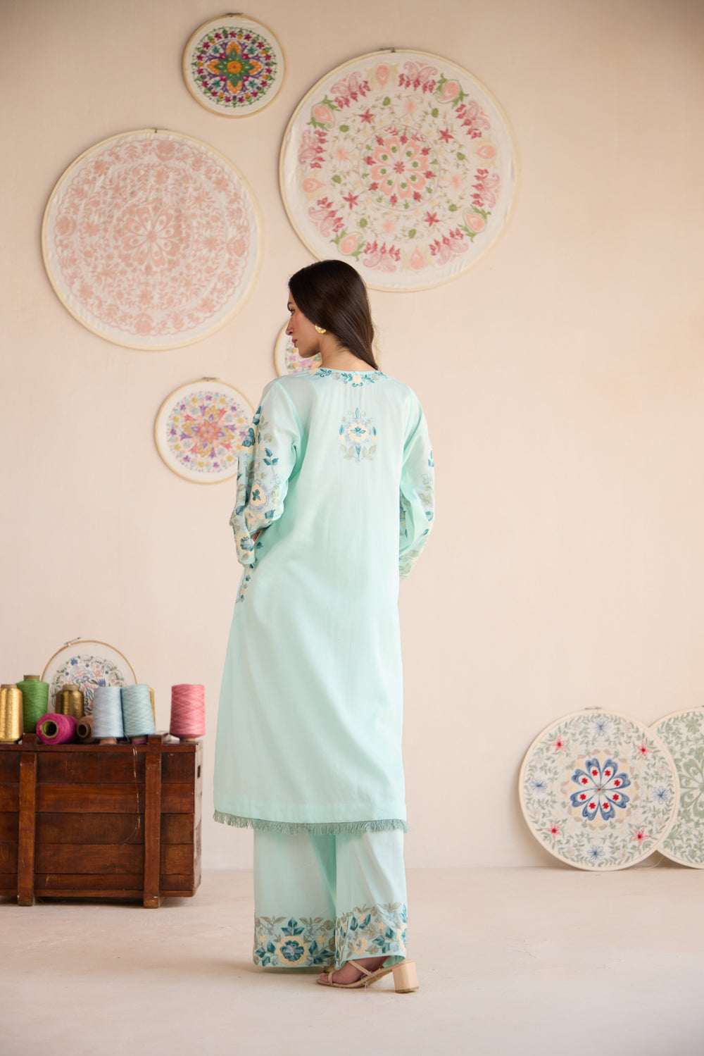 Ziba Sea Blue Cotton Aari Asymmetrical Pheran Set with Flared Pants and Organza Dupatta