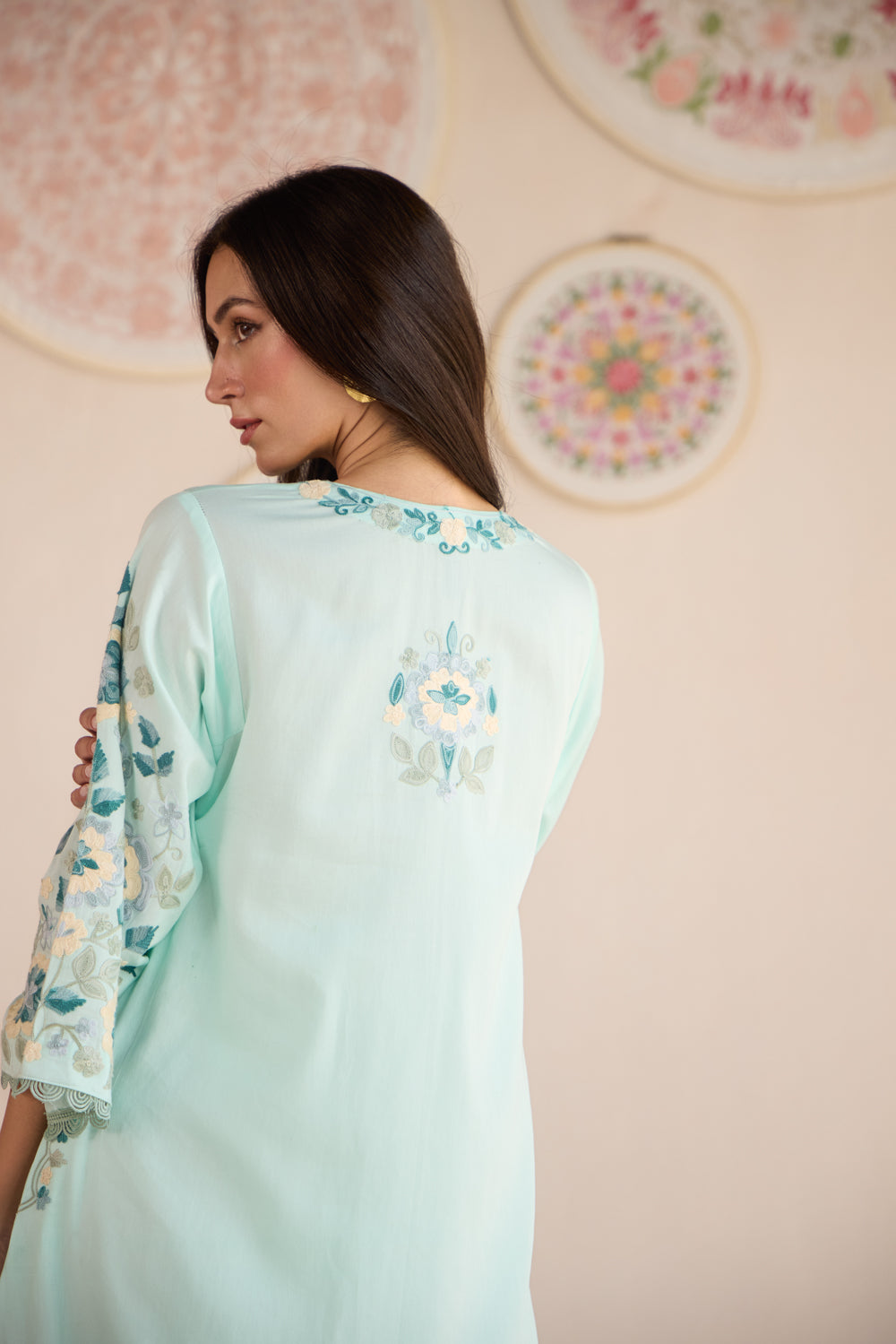 Ziba Sea Blue Cotton Aari Asymmetrical Pheran Set with Flared Pants and Organza Dupatta