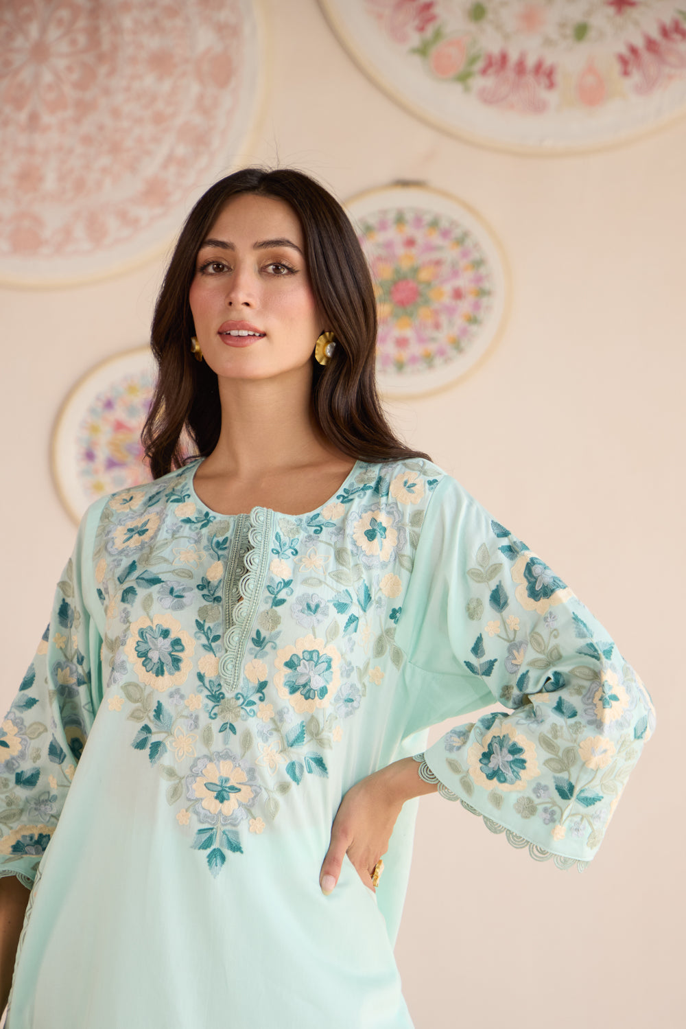 Ziba Sea Blue Cotton Aari Asymmetrical Pheran Set with Flared Pants and Organza Dupatta