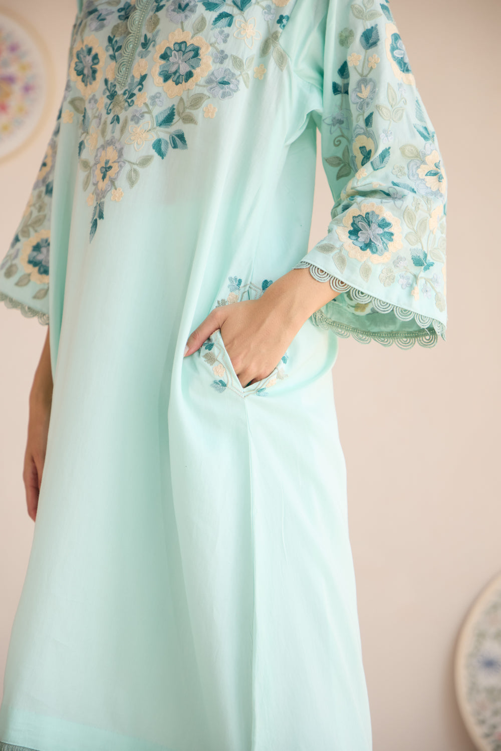 Ziba Sea Blue Cotton Aari Asymmetrical Pheran Set with Flared Pants and Organza Dupatta