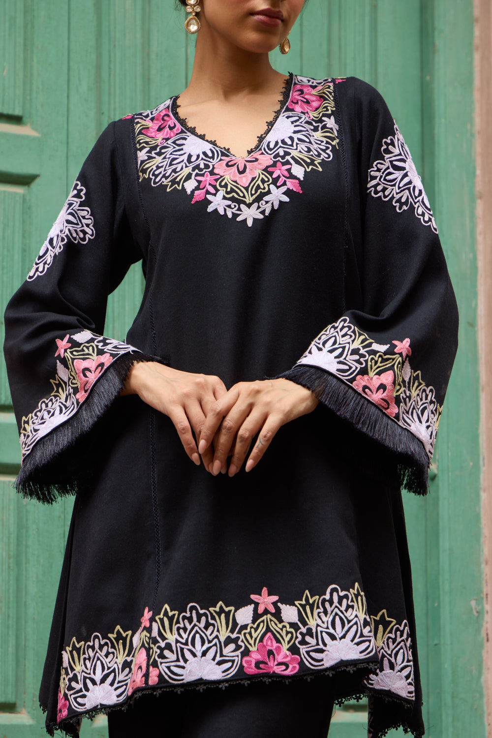 Black Pashmina Wool Kalidaar Short Kurta Set