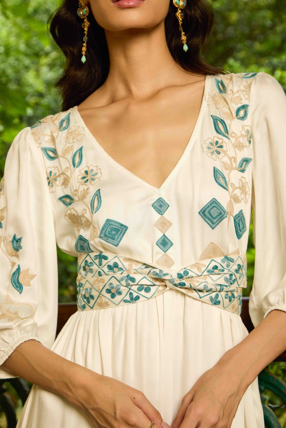 ⁠Ivory Aqua Maxi Dress with Embroidered Belt