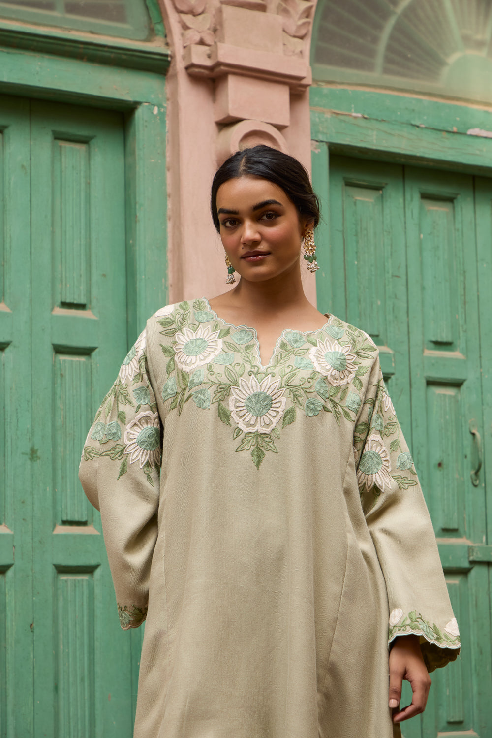 Olive Shades Of Green Wool Pheran Set With Harem Pants