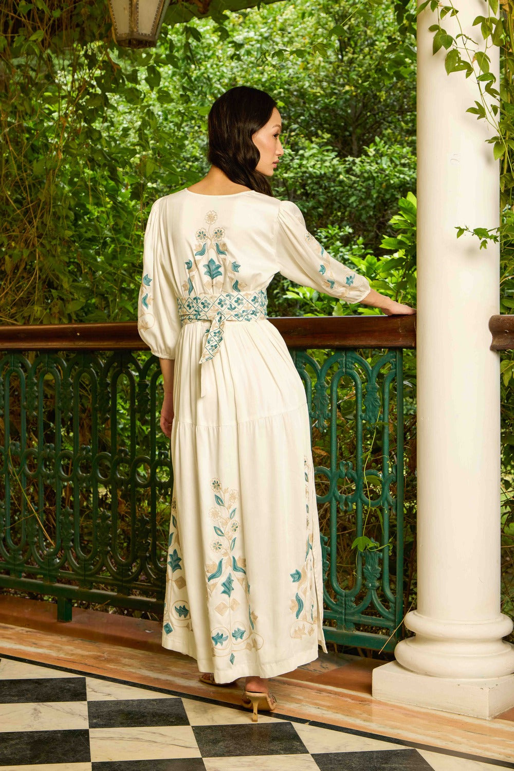 ⁠Ivory Aqua Maxi Dress with Embroidered Belt