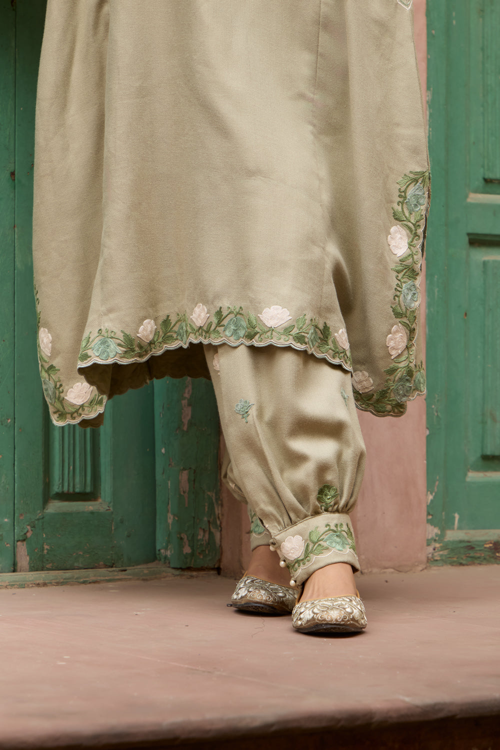 Olive Shades Of Green Wool Pheran Set With Harem Pants