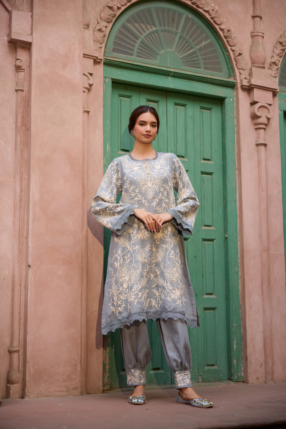 Cloud Blue Pashmina Wool Kurta Set With Harem Pants