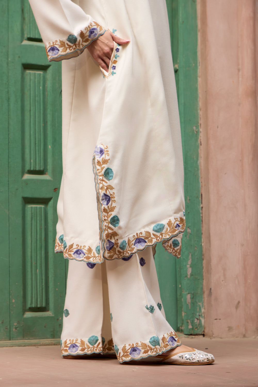 Cream Shades Of Blue Pashmina Wool Pheran Set With Flared Pants