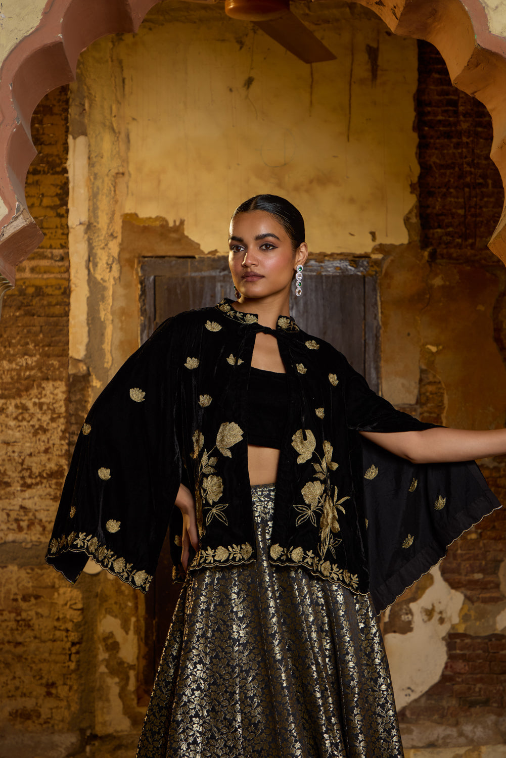 Zarina Black Silk Velvet Cape With Brocade Kalidaar Lehenga