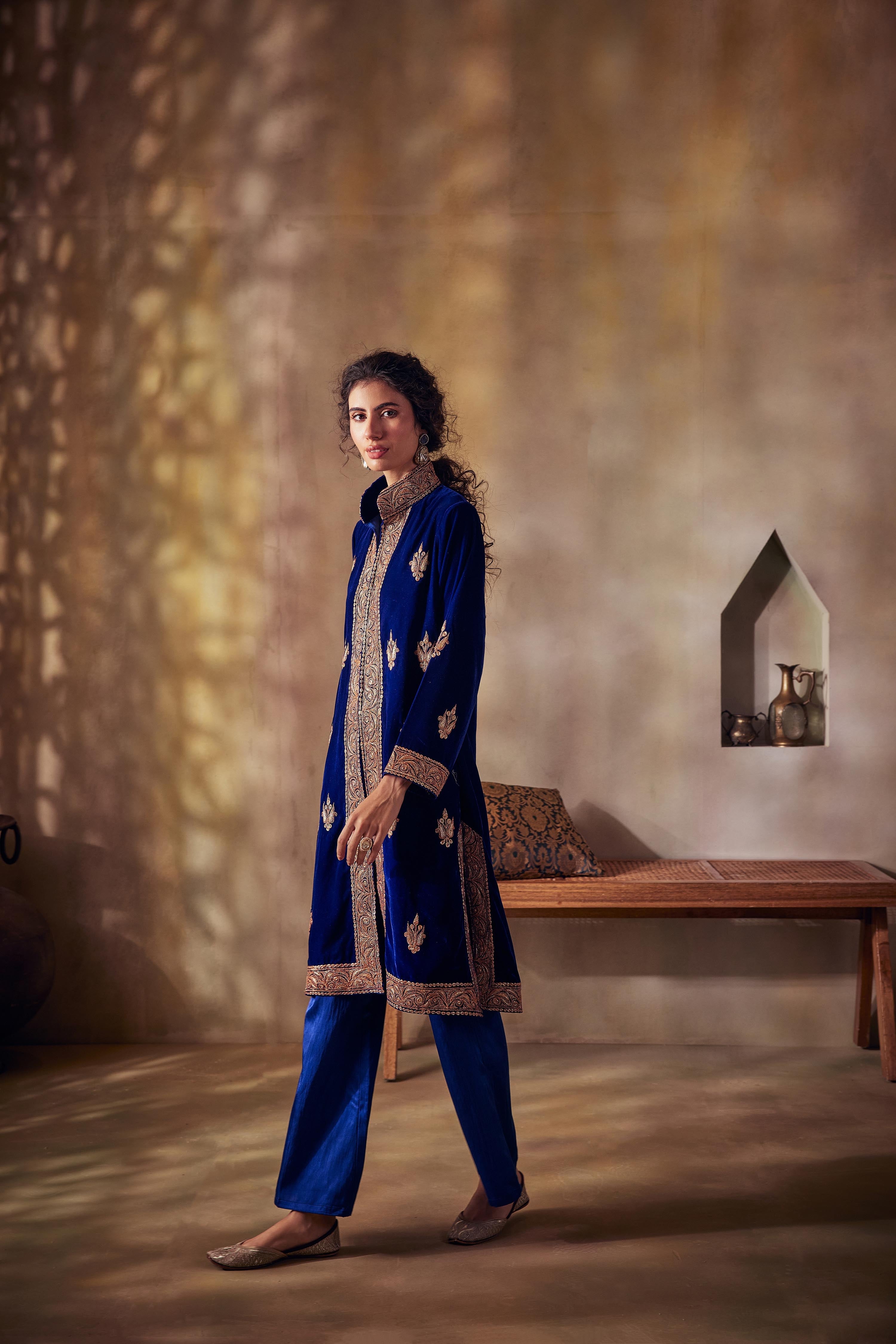 Sapphire Blue Silk Velvet Tilla Jacket Set