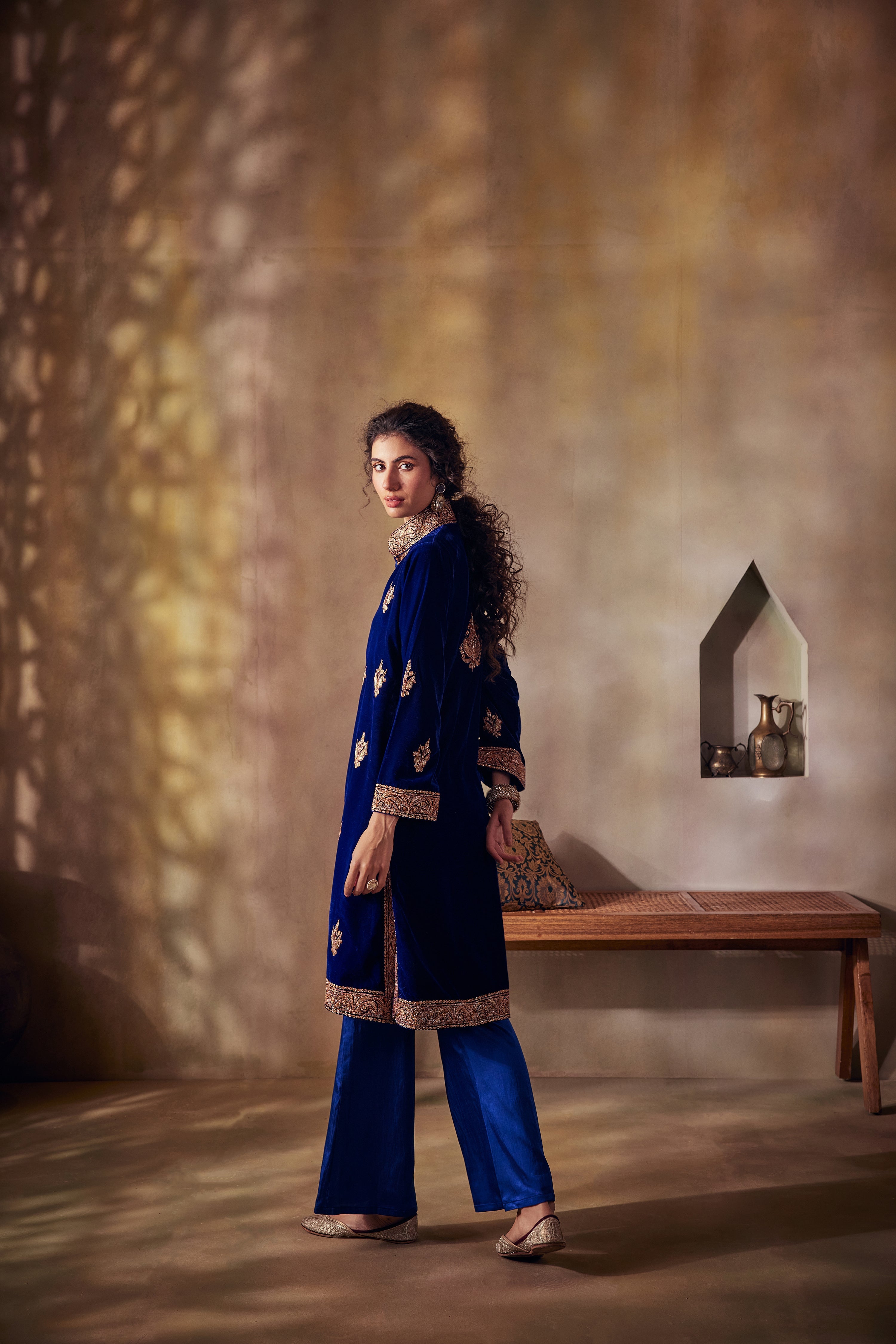 Sapphire Blue Silk Velvet Tilla Jacket Set