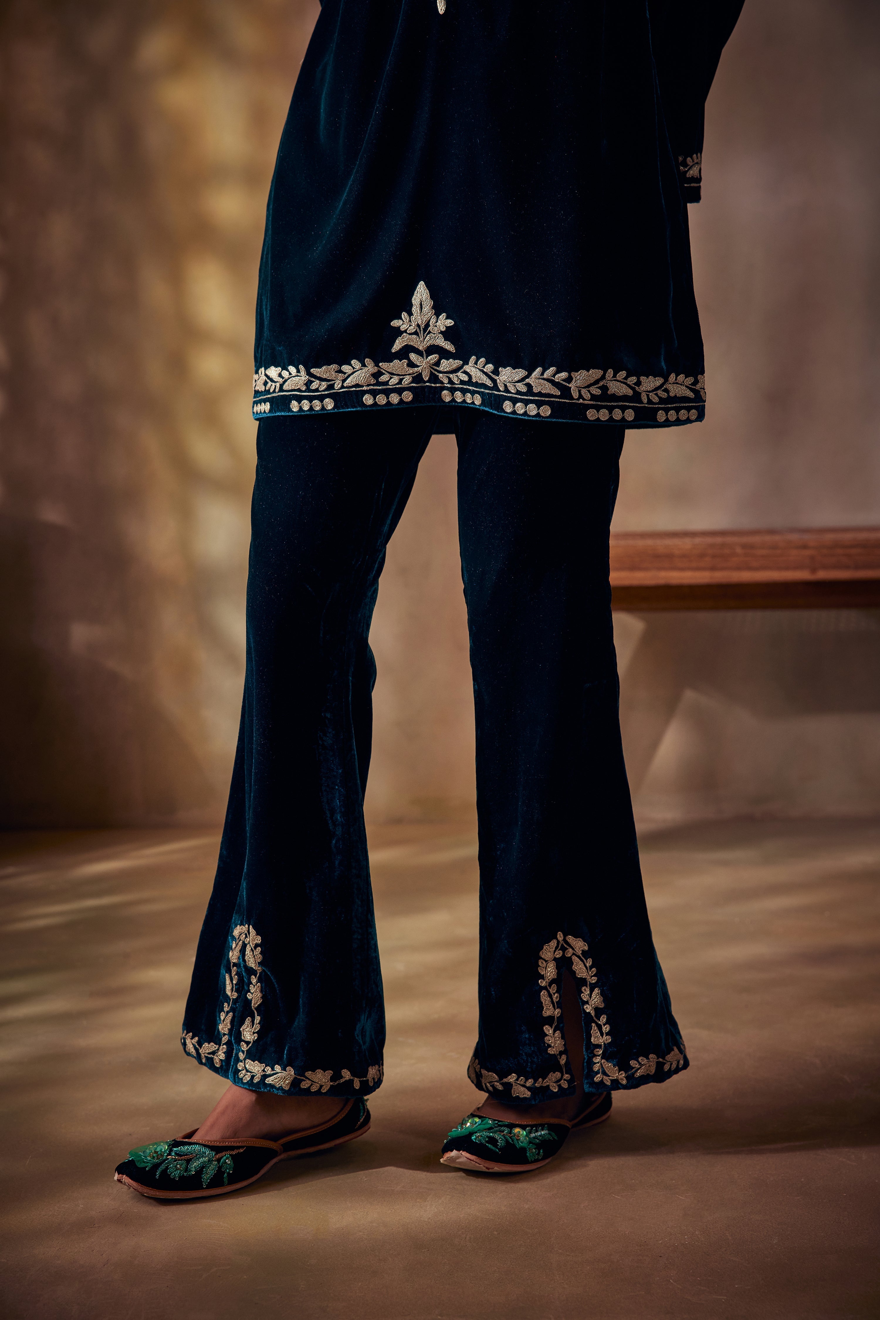 Peacock Blue Silk Velvet Tilla Kurta Set