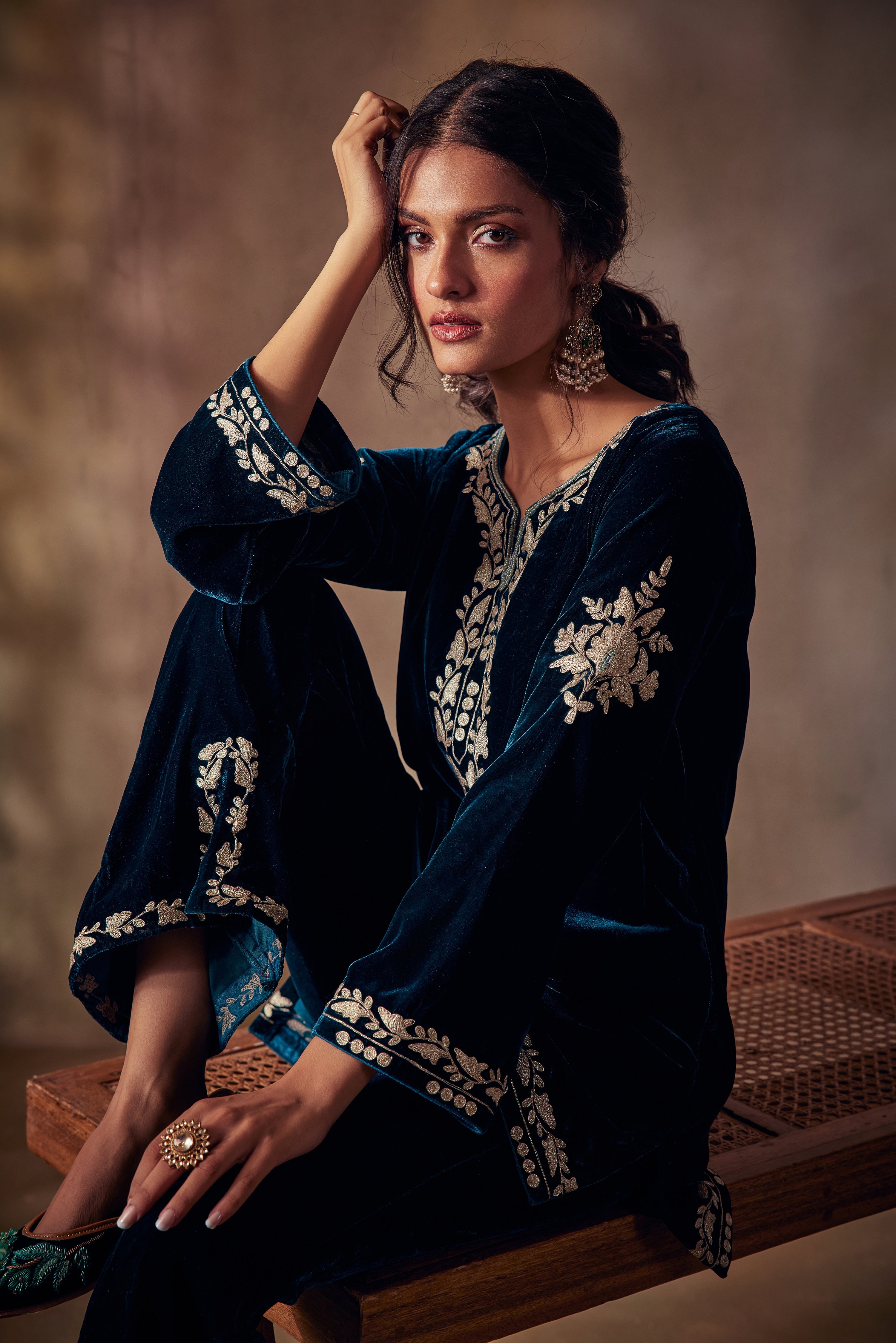 Peacock Blue Silk Velvet Tilla Kurta Set